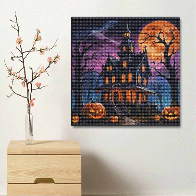 Diamond Painting Kit Halloween Mansion Pumpkin Pattern DIY Full Drill Canvas Art Relaxing Handmade Gift for Craft Lovers