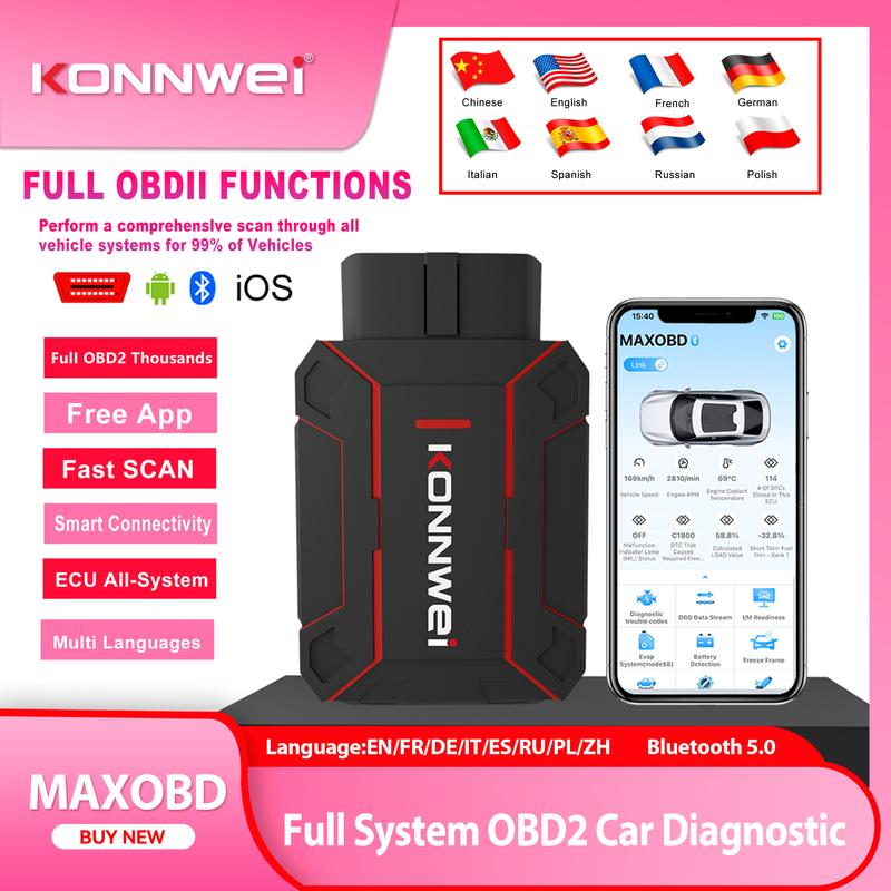 2026 MAXOBD KONNWEI Nástroj pro diagnostiku závad celého systému automobilu OBDII Hloubkové skenování Bluetooth připojení Monitorovací systém OBD2 Skenovací nástroj