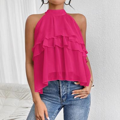 Fashionable and Stylish Multi-purpose Pure Color Neckless Sleeveless Irregular Ruffled Top