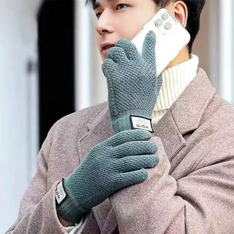 Knitted wool gloves non-slip five-finger plush split-finger gloves for men and women, thickened in autumn and winter, warm cycling