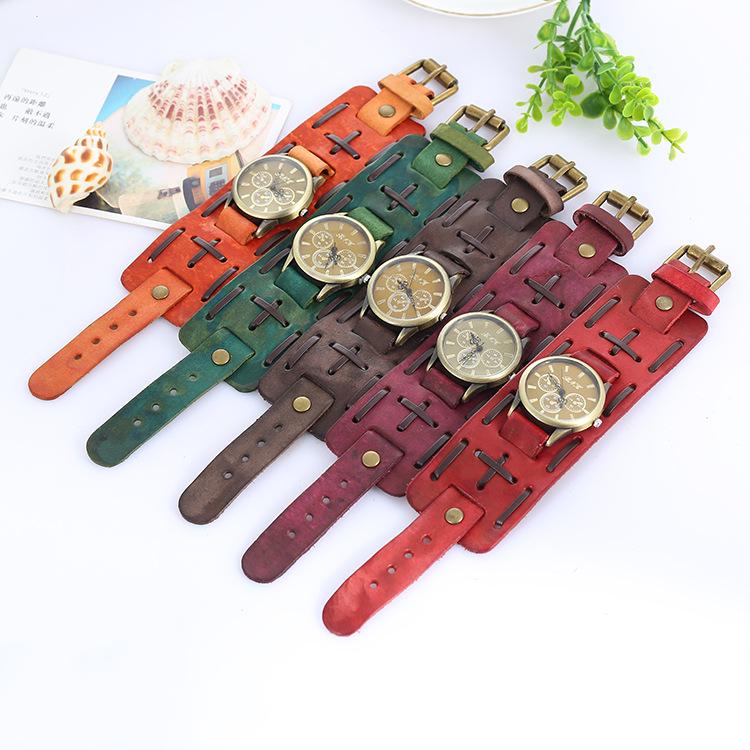 Men's Retro Quartz Watch with Wide Genuine Leather Band