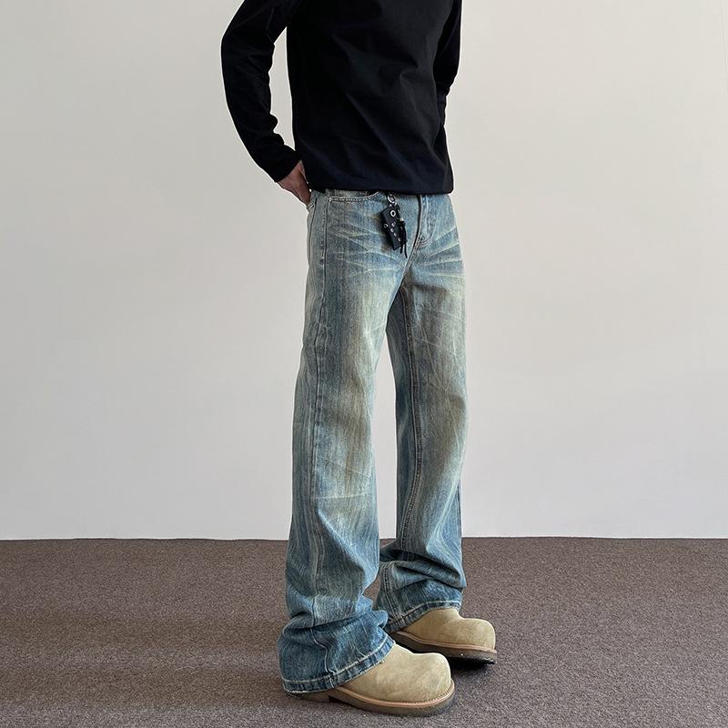 Men's Retro Distressed Jeans: Bamboo Texture, Slight Flare, Loose Fit Casual Pants