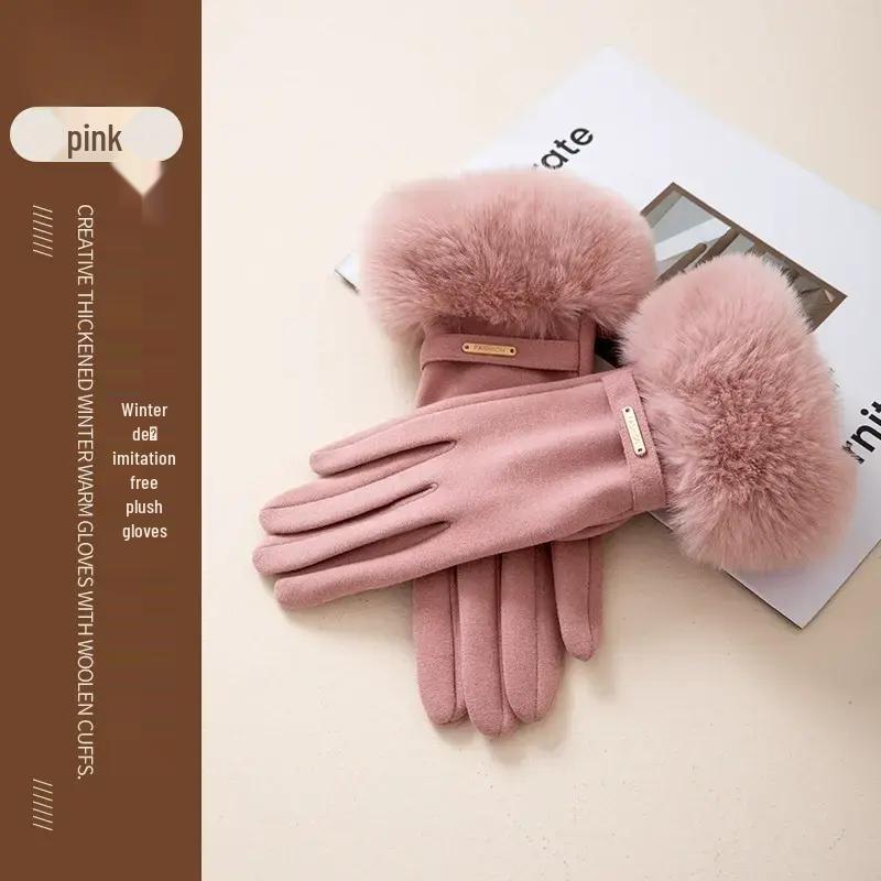 Damen Samt Kunstkaninchenfell Touchscreen Fahrradhandschuhe - Winddicht, Warm, Fleecegefüttert für Herbst & Winter