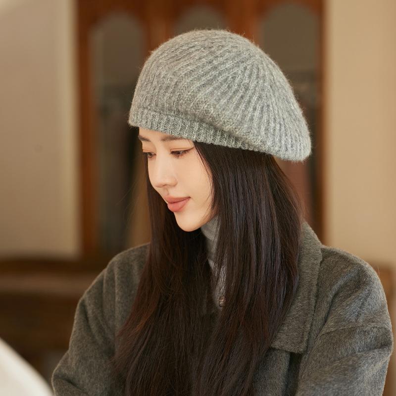 Korean Autumn and Winter Hat for Women Rabbit Wool Knitted Warm Wool Hat Solid Color Versatile Beret Literary Retro Painter Hat