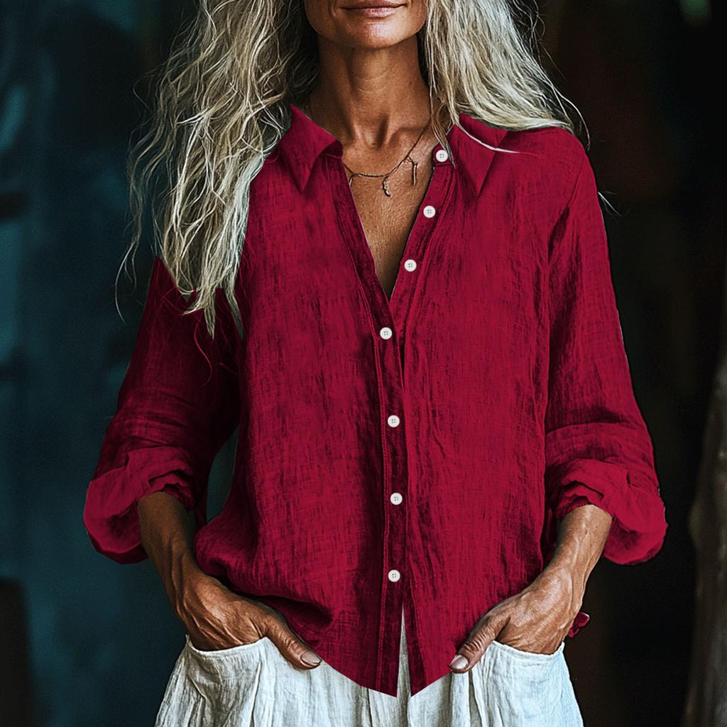 Women's Fashionable And Casual Solid-color Long-sleeved Cotton And Linen Shirt Top