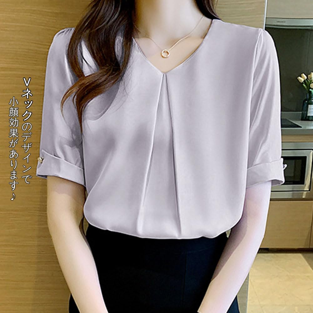 Short Chiffon Loose Body Summer [Bidason] Women's Blouse, Sleeve, Shirt, V-Neck, Summer, Fit, Slimming, Tuck, Casual, Covering, Neat, Stylish, Cute,