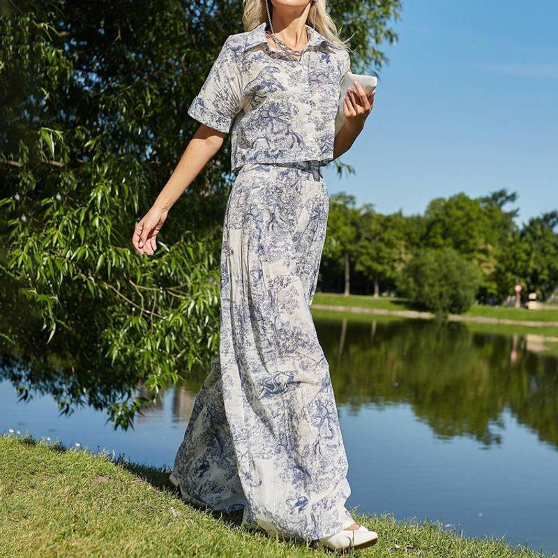

Fashion Ink Painting Print Shirt High Waist Pants Suit Printed Shirt Wide Leg Pants Set Blue M