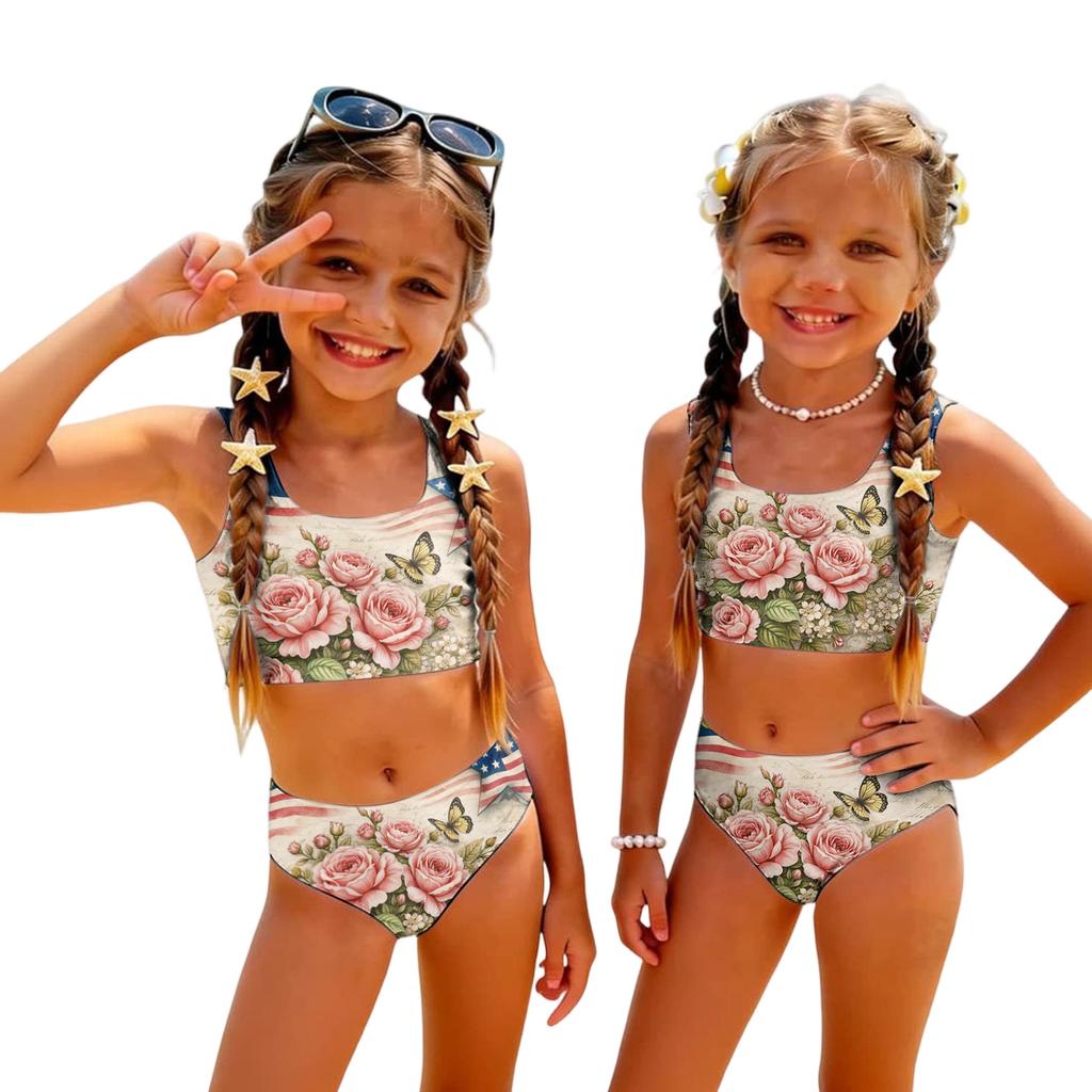 Girls Two Piece Swimsuit Set Summer Tankini Top and High Waist Bottoms Floral Print Lightweight Swimwear for Kids Beach Pool
