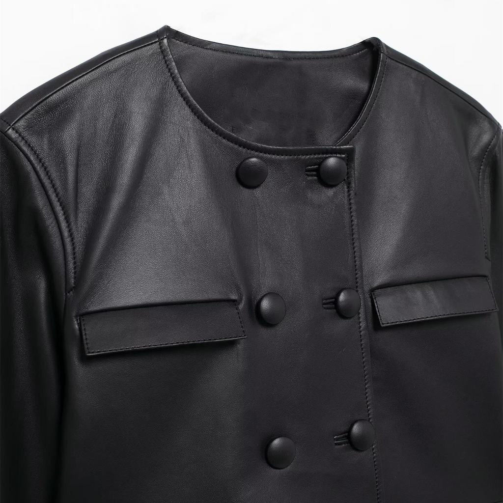 2025 Spring Women's Simple Round Neck Short Leather Jacket with Button Embellishments