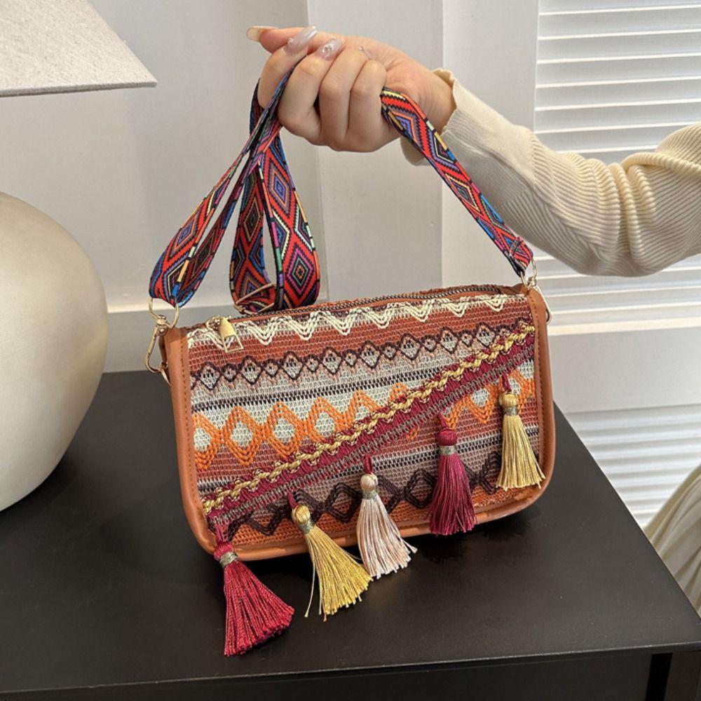 Embroidery Fringe Shoulder Bag Tassel Ethnic Style Crossbody Bag Bohemian Shoulder Bag  Travel