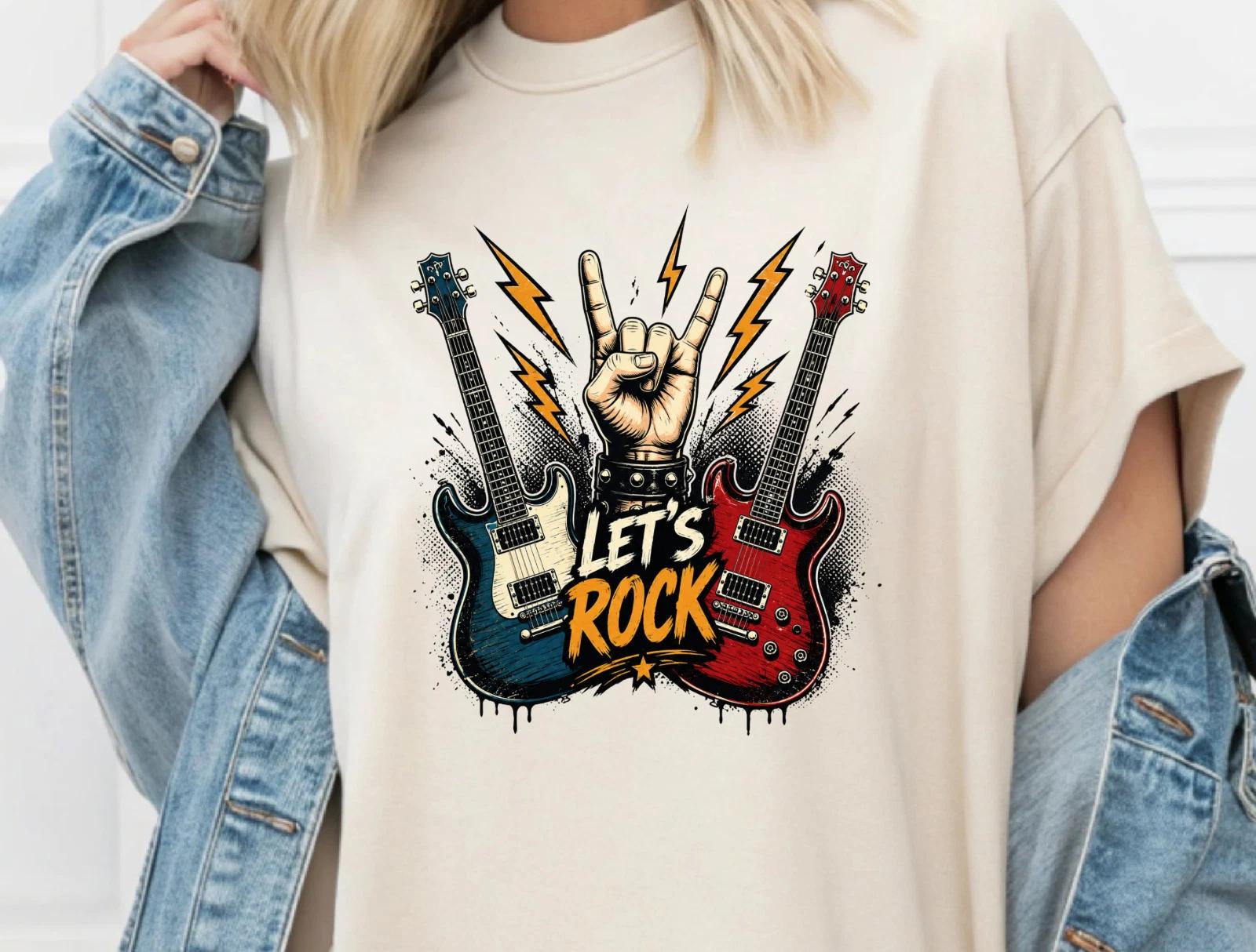 Футболка с надписью Lets Rock Guitar, футболка с графическим принтом электрогитары для музыкальной группы M