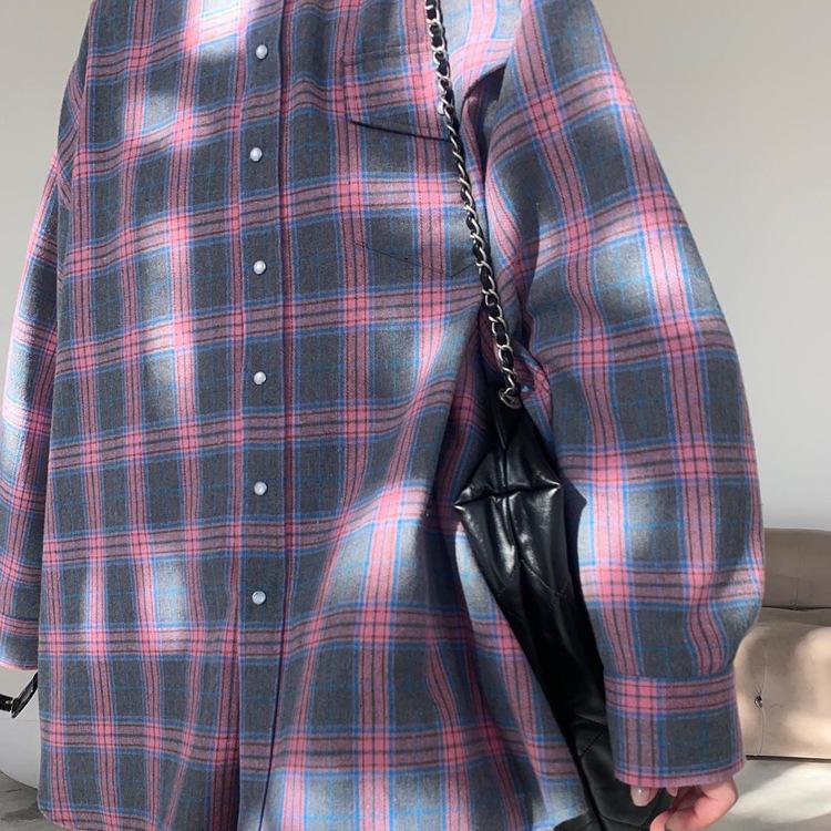 Retro Style All-Matching Lapel Loose Shirt 2025 Spring and Autumn Plaid Long Sleeve Pocket Women's Shirt
