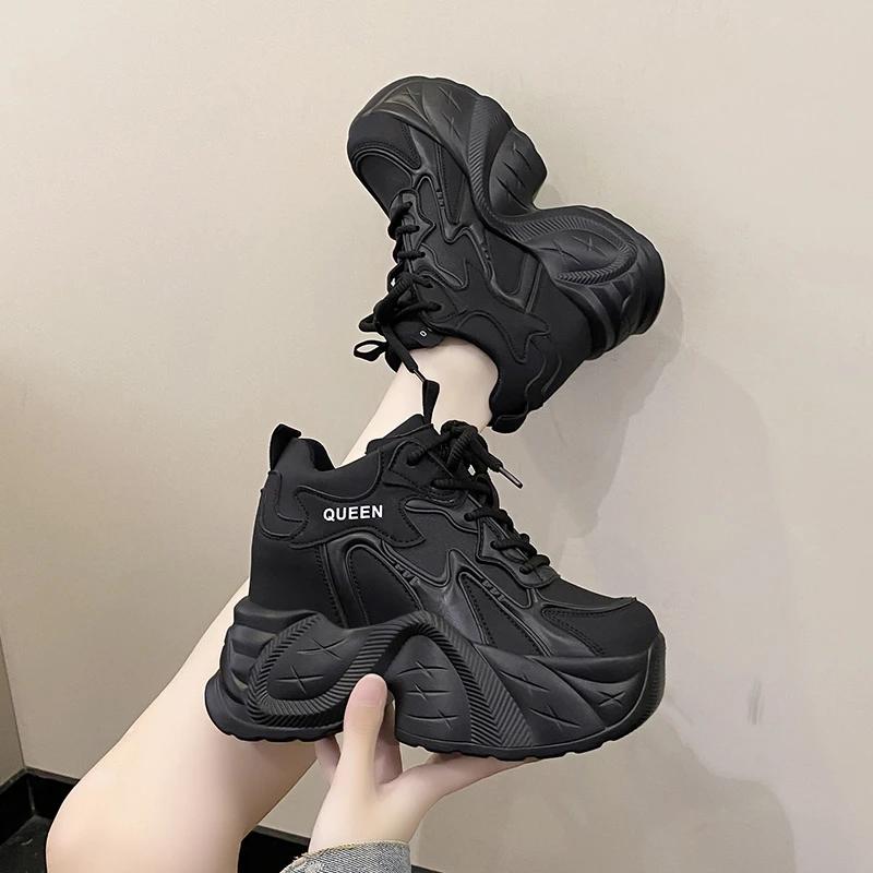 Fashion 2025 Bling Chain Chunky Sneakers New Designer High Top Platform Casual Shoes Females Spring 11CM Wedge Heels Sport Leather Shoes