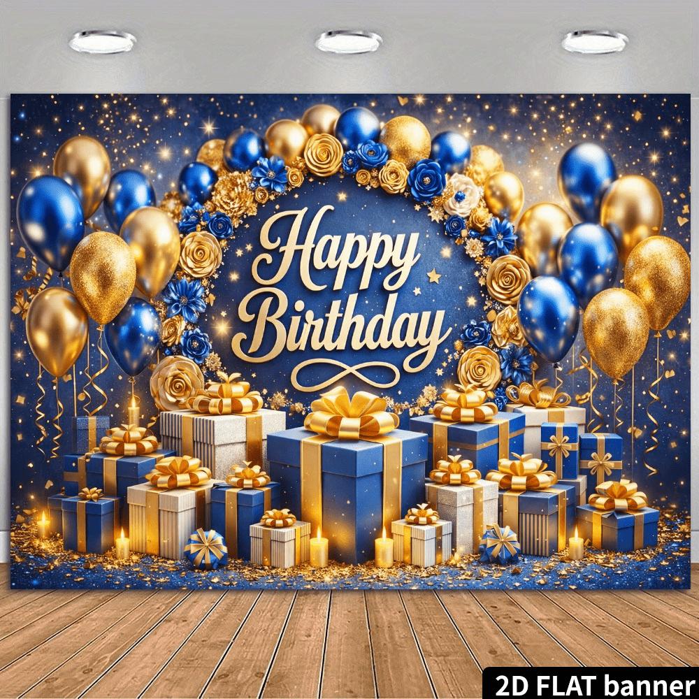 2D planar dark blue gold luxurious birthday party backdrop with the center featuring the golden "Happy Birthday" text.zyc