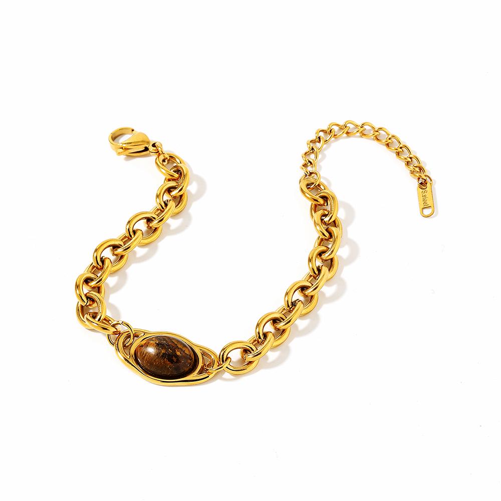 Ying Tai Stainless & Titanium Steel Bracelet with Tiger Eye and Natural Stone, High-Polished, 18k Gold-Plated, Retro European-American Style