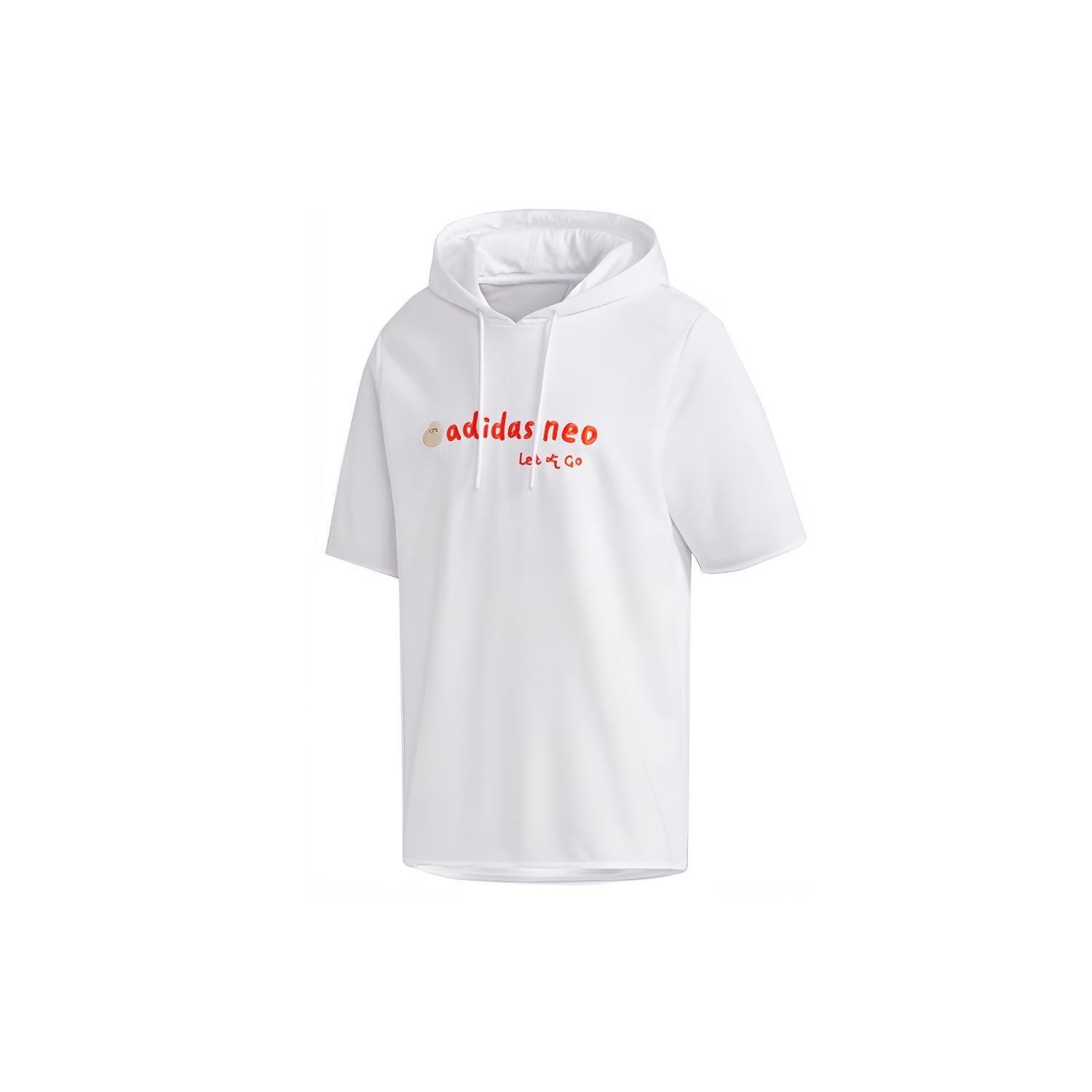 Men s adidas neo Logo Embroidered Sports Pullover Hooded Short Sleeve White GP5824 L