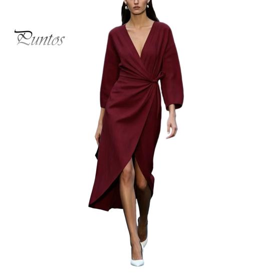 Lady Ruffle Dress Summer Women Deep V-Neck Dress, Slim Waist Midi Long Sleeves Solid Color Wrap for Daily Wear Party