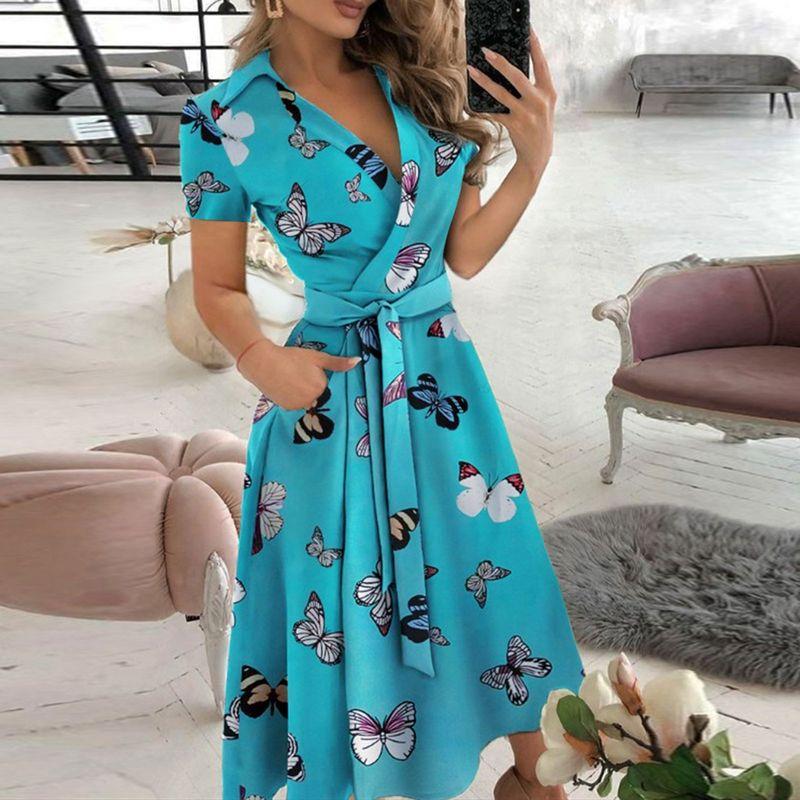 V-neck Printed Buttock Wrap Dress for Womenv Collar Print Sheath Dress