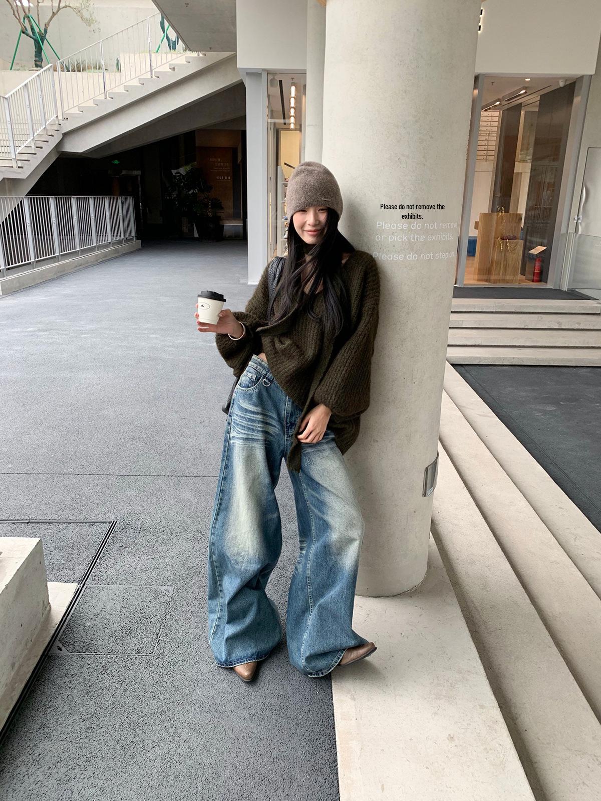 

Design-Focused Textured Wide-Leg Jeans for Women - Autumn/Winter 2025 Streetwear with Metal Buckle (CX8060) XL