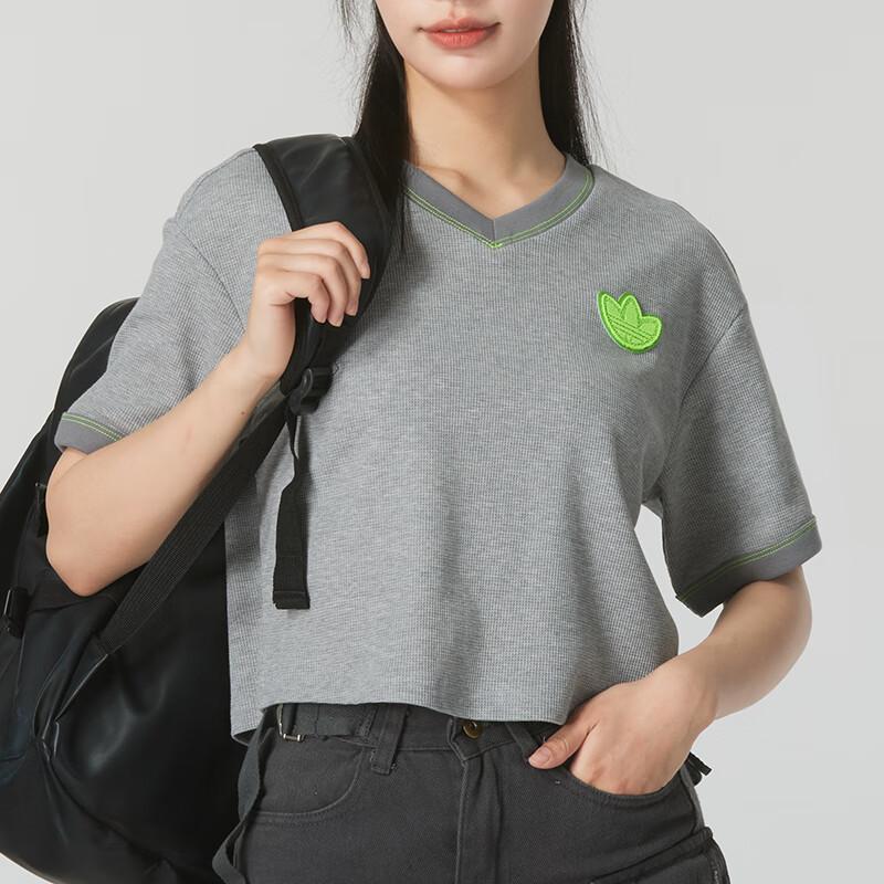 Adidas Originals Short V-Neck T-Shirt Women Tops Gray JJ4366