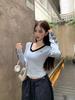 Women's Slim-Fit Dark Blue Lace V-Neck Striped Long-Sleeve Top - Autumn Spicy Style