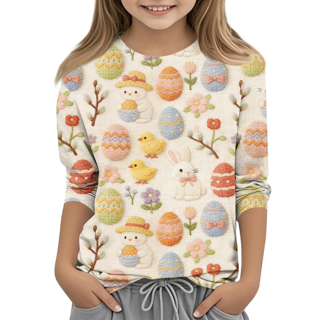 Haut décontracté pour enfants à manches sept-quarts, imprimé Pâques, col rond, imprimé