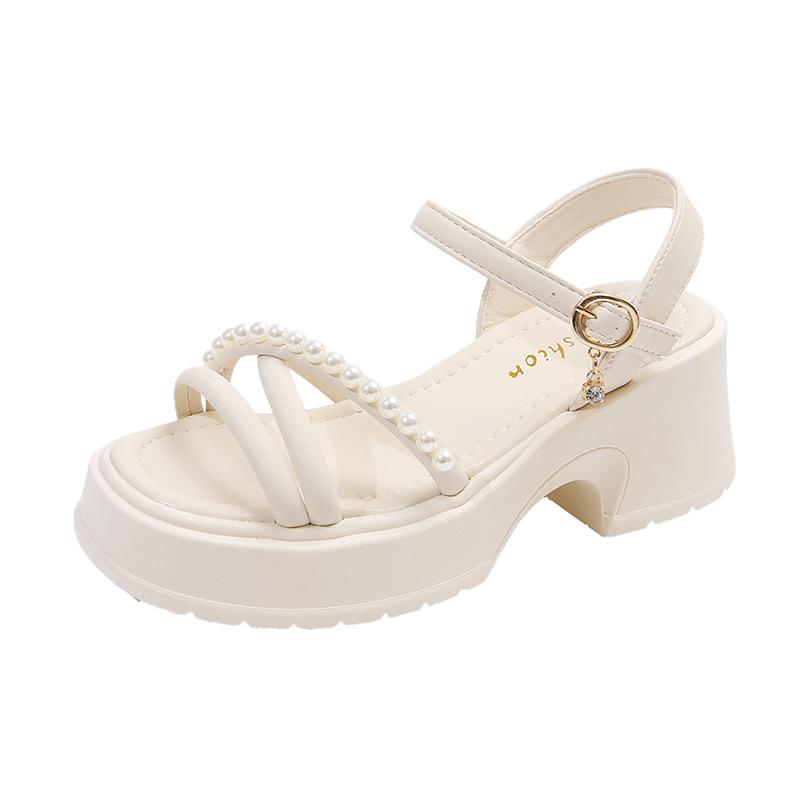 Pearl platform sandals women wear 2025 summer new fairy wind open toe one-word button Roman high-heeled sandals women
