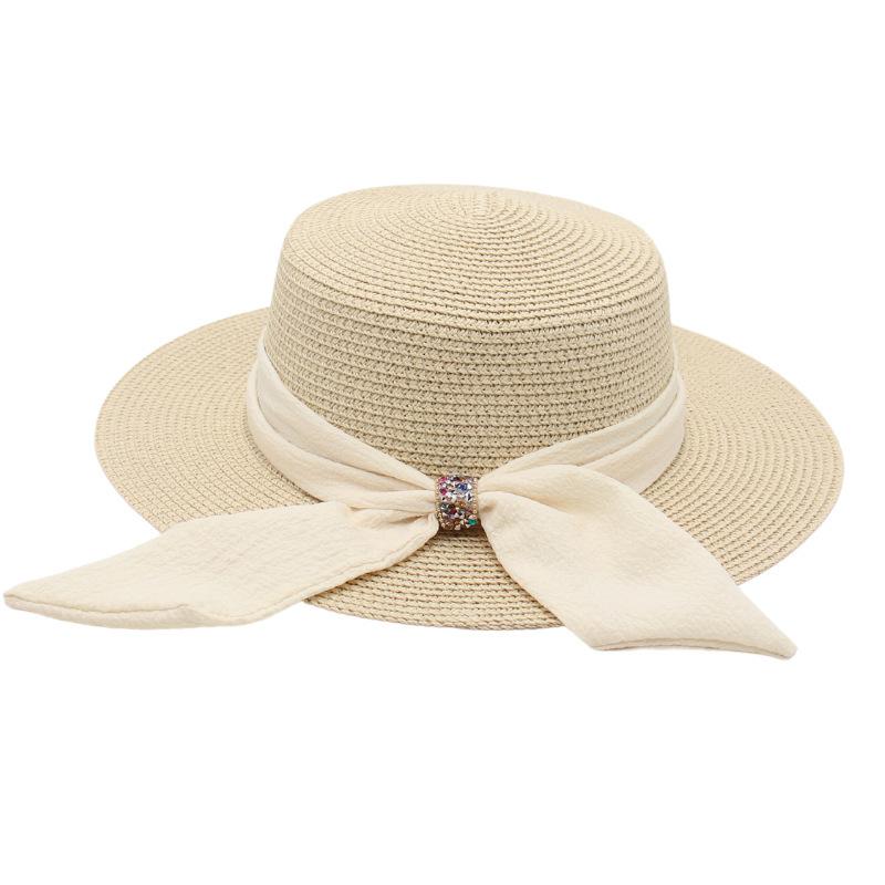 Diamond Lafite Straw Hat Female Hepburn Internet Celebrity Sun Hat Flat Brim Bow Literary Weaving Wholesale French Top Hat
