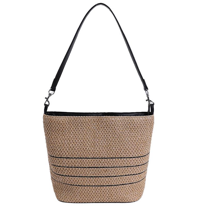 Autumn & Winter 2025 Rainbow Striped Straw Braided Shoulder Bag - Minimalist Women's Beach Bucket Bag