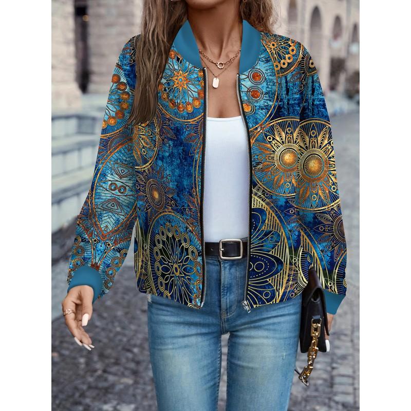 Womens Casual Zip-Up Jacket With 3D Letter Print Fashion Lightweight Outerwear Daily Wear