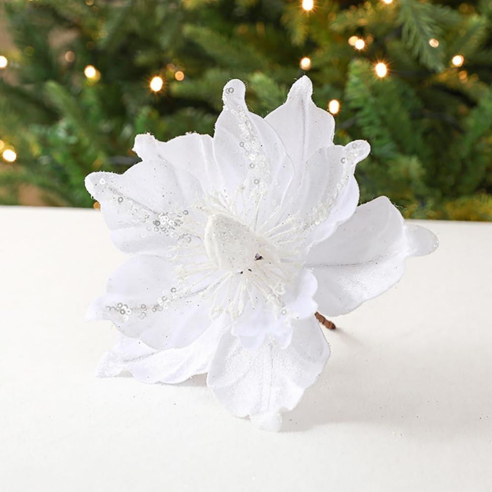 1 Pcs Poinsettia Artificial Flowers Christmas Tree Ornaments Velvet Glitter Magnolia Flowers for Xmas New Year Party Wedding Holiday DIY Decorations,