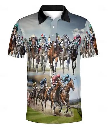 Horse Racing 3D Printed Men's Polo Shirt 2025 New Fashion Button Lapel Short Sleeve Top Summer Marseille