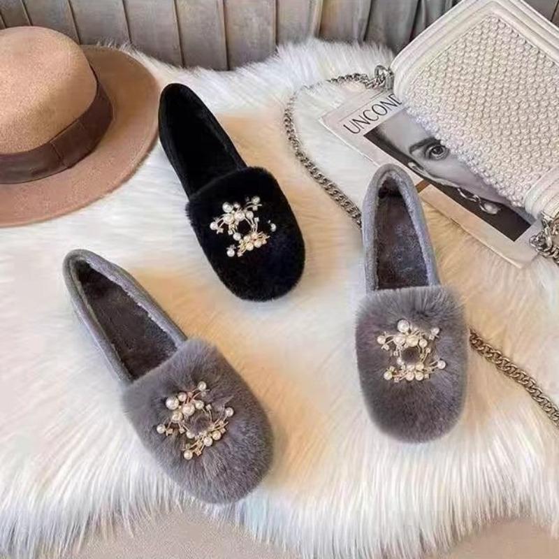 Plush plush shoes warm Doudou shoes winter new casual cotton shoes bow round head flat sole single shoes women