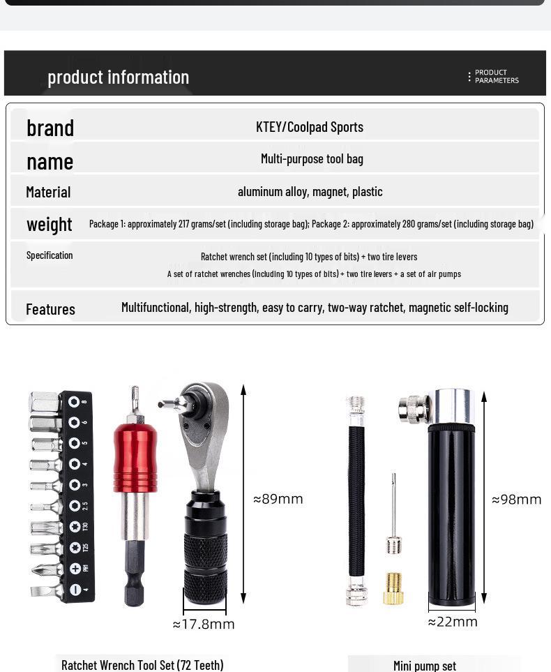 Bike Tool Kit: Ratchet Wrench, Bit Set, Tire Levers, Emergency Pump