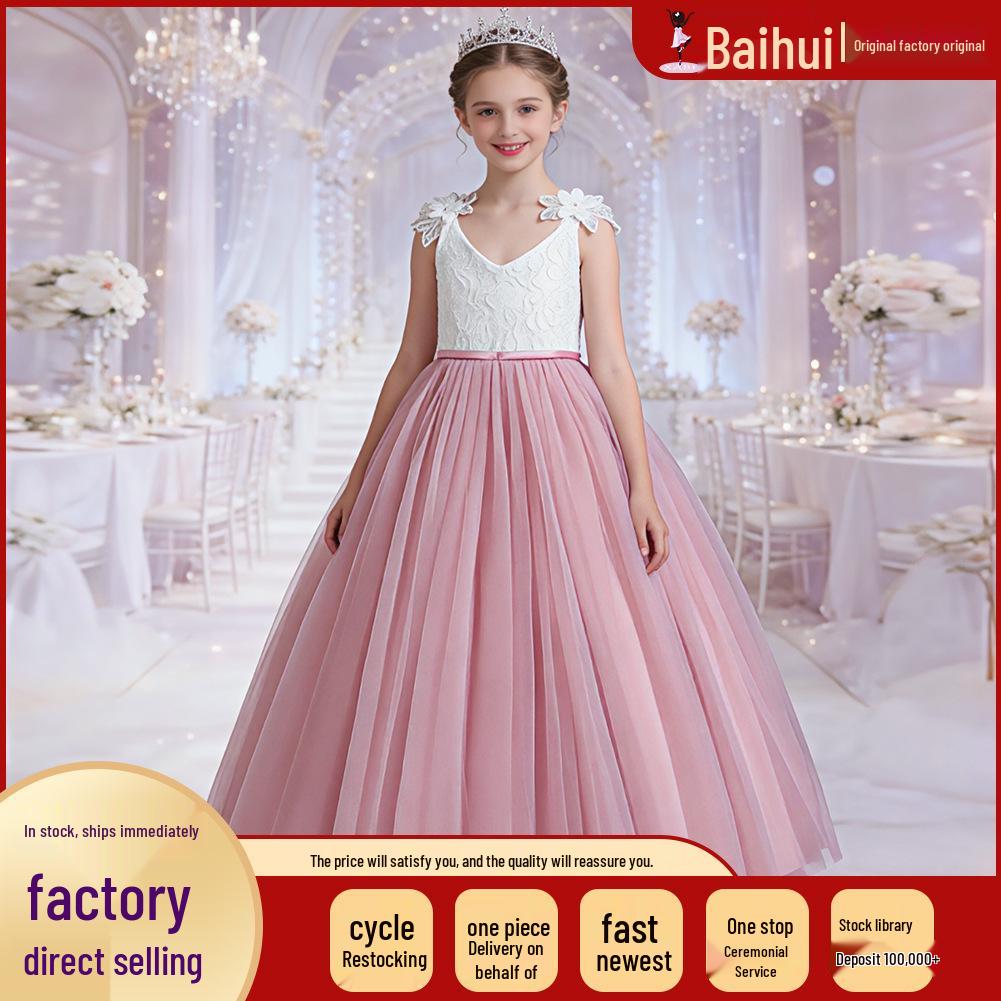 Girls' Lace Spaghetti Strap Flower Girl Dress - Puffy Formal Princess Gown for Wedding or Fashion Show Performance
