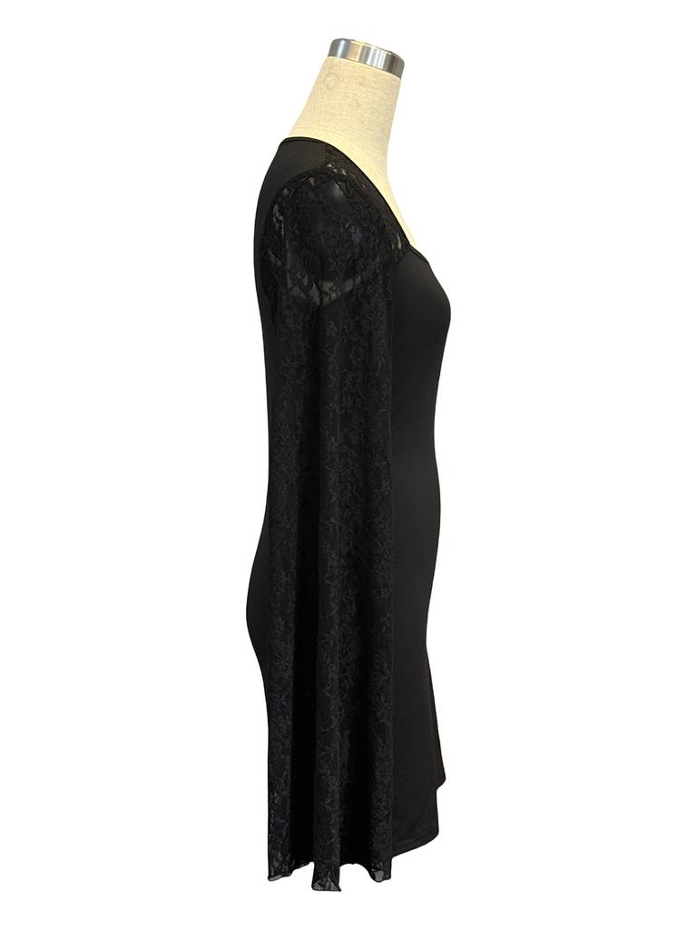 Autumn Bell Sleeve Slit Solid Color Lace Patchwork Square Neck Bodycon Dress Mature Style French Retro Patchwork Slim Sexy Elegant Women Maxi Dress