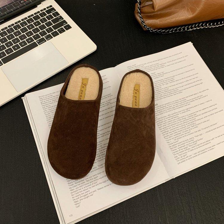 Soft leather version~ Baotou half slippers women wear high-end fluffy shoes in the autumn of 2024 new lazy Boken shoes