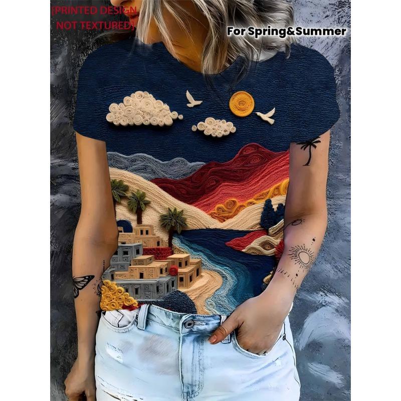 

Navy Blue Three-dimensional Paper Style Exotic Town Scenery Women s Short-sleeved T-shirt S
