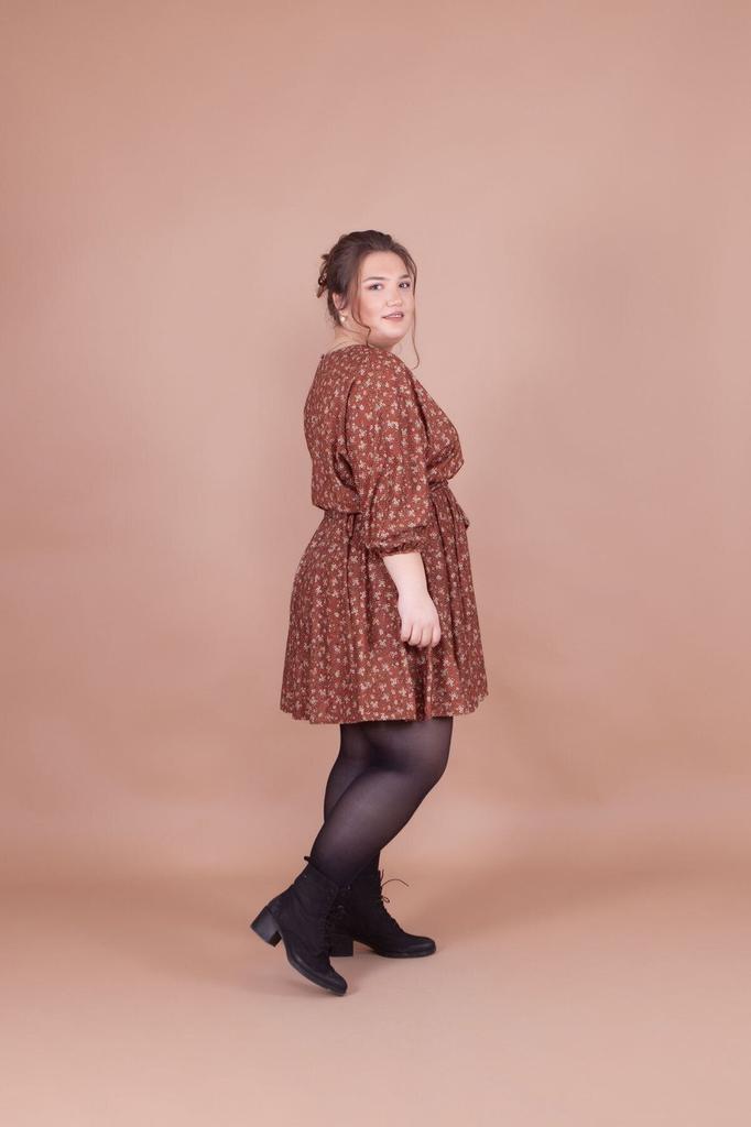Women's Big Size Dress Plus Size Tan Velvet Floral Patterned Bat Sleeve Dress