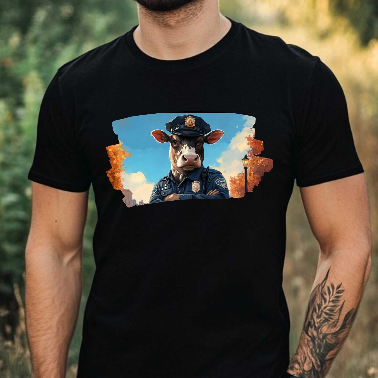 Mens Cow as Policeman Motif Cotton T-Shirt Size XS to 5XL- XXXXL