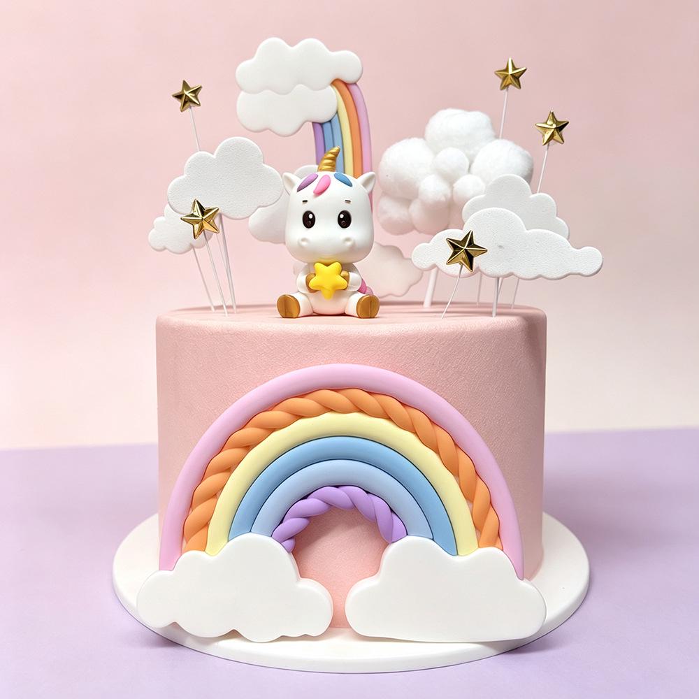Unicorn Rainbow Cake Topper - Pink Cartoon Decoration for Children's Birthday Party
