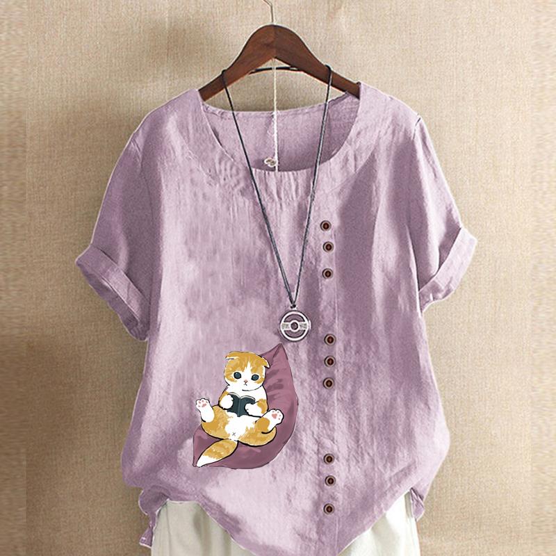 Moda feminina bonito gato impresso manga curta camiseta solta algodão camisa casual solto verão blusa tops plus size