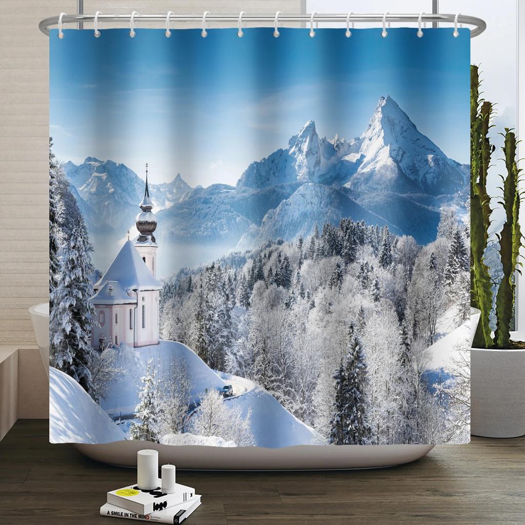 Christmas Shower Curtain Xmas Tree Winter Forest Snow Cute Snowman Bathroom Shower Curtain Waterproof Bath Curtain With Hook