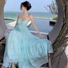 French temperament mint green neck suspender dress women's summer Sanya seaside vacation backless big swing dress