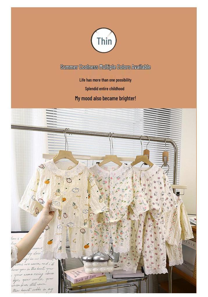 Summer Floral Lace Cotton Pajama Set for Girls: Nine-Sleeve Korean Style Air Conditioning Homewear