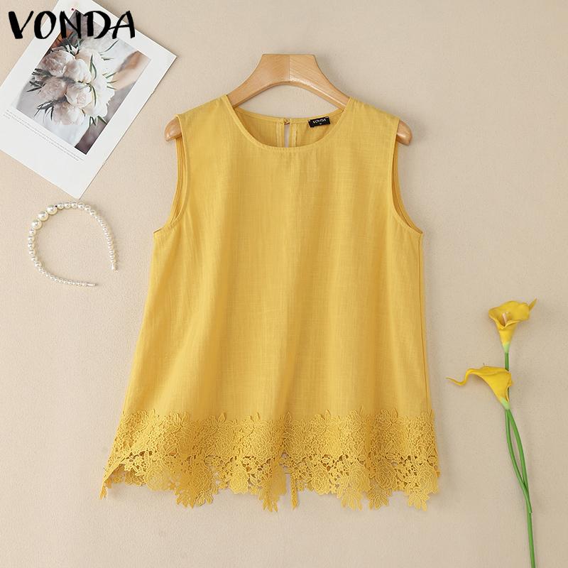 VONDA Women O Neck Sleeveless Back Bow Lace Crochet Patchwork Casual Tank Tops