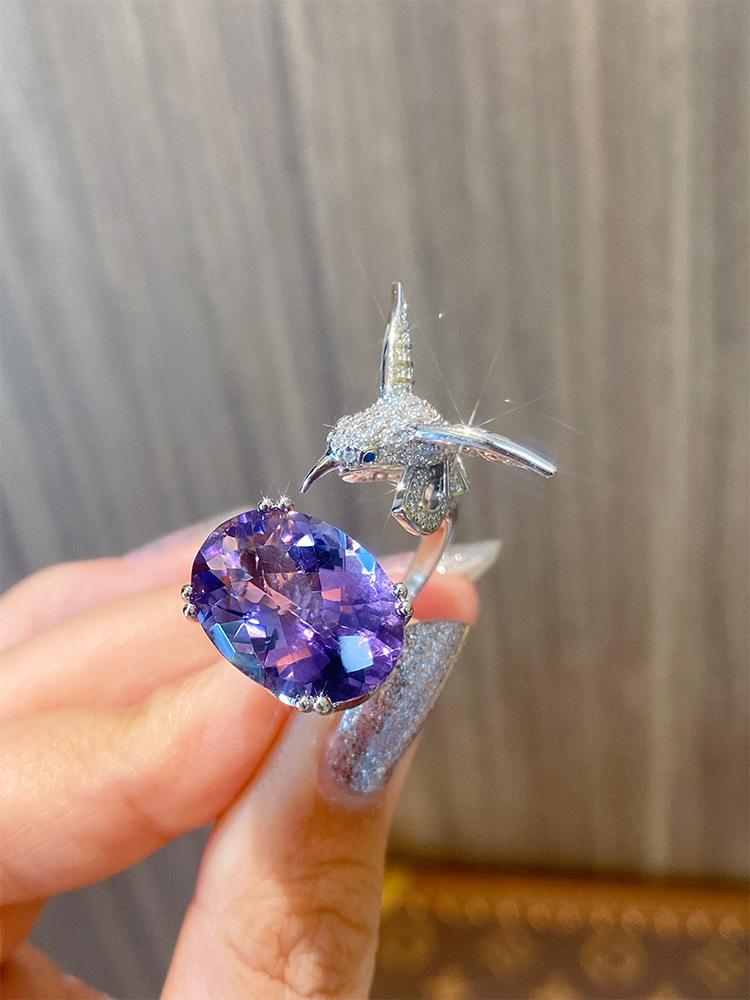 

BELLA BOX Роскошное элегантное кольцо с имитацией колибри из аметиста и аквамарина Санта-Мария, подходящее для повседневной женской вечеринки, модные ювелирные изделия Adjustable Opening