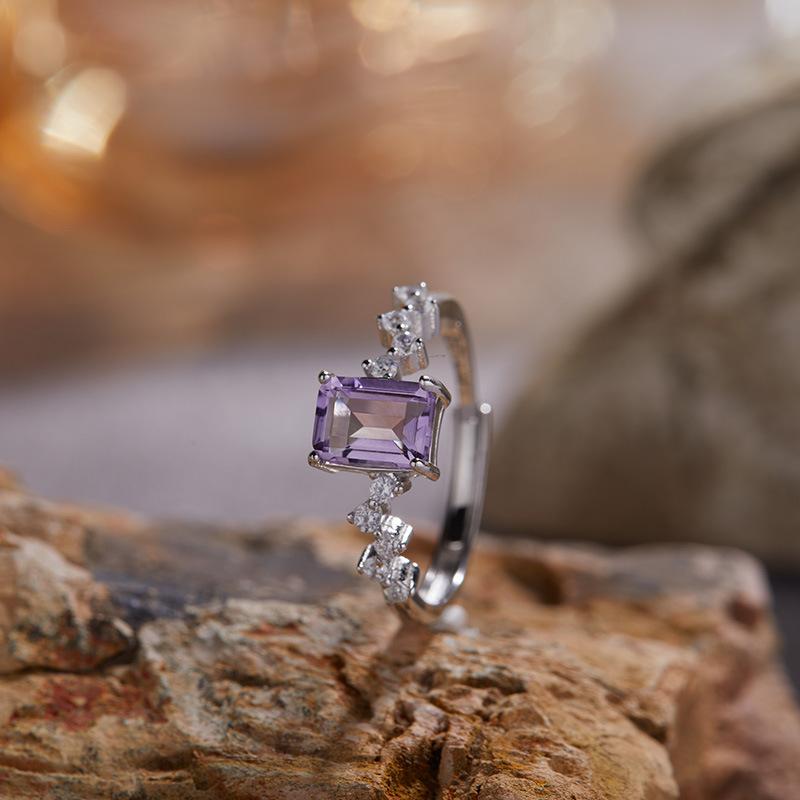Non-Fading High-End S925 Sterling Silver 18K Gold Natural Amethyst Lucky Treasure Ring Women'S Simple Jewelry
