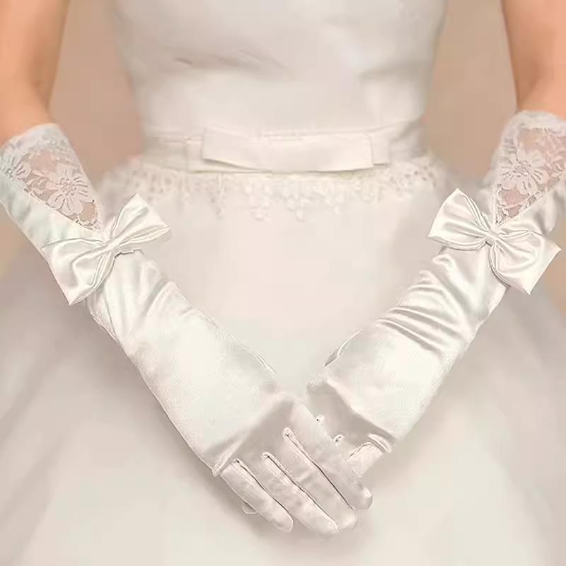 Perlweißes Satin Braut-Fotografie-Handschuhe, Doppelte Reihe Seiden-Hochzeitszubehör