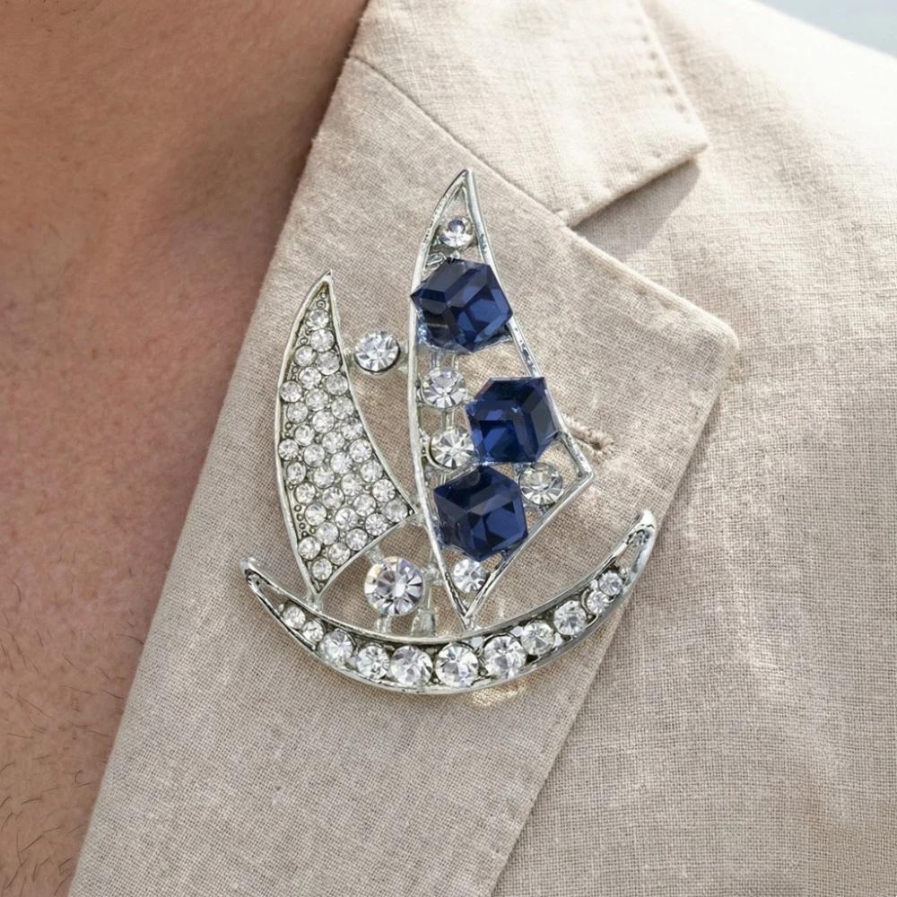 Zinc Zinc Alloy Rhinestone Sailboat Brooch Crystal Suit Lapel Pin Delicate Men Brooch Ceremony Banquet